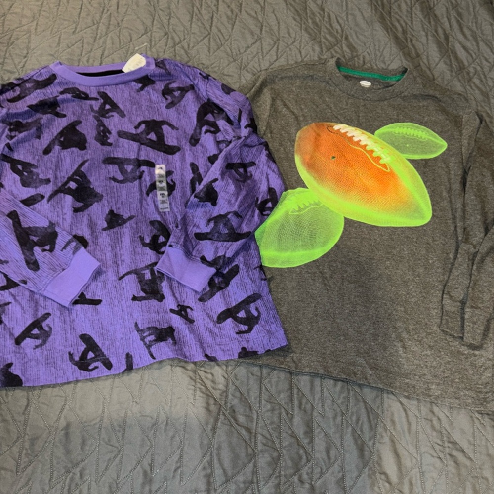 2 NWT Old Navy medium long sleeve gray football shirt & purple snowboarding